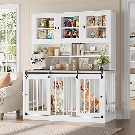 Dog Crate Furniture for Large Dogs for 2 Pets with Divider, Front&Sides 4 Doors Dog Kennel with Feeding Bowls, Indoor Cage/Side