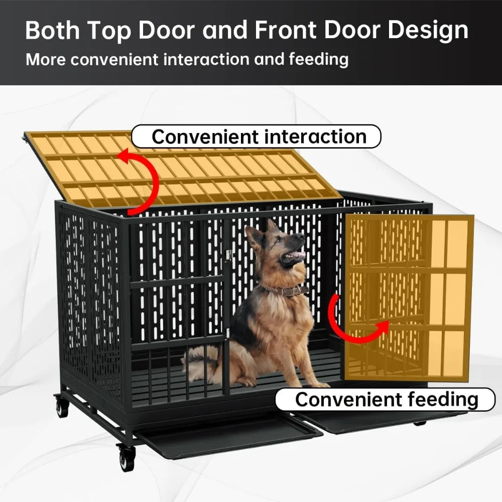 Heavy Duty Folding Metal Dog Crate With Wheels For Large Dogs
