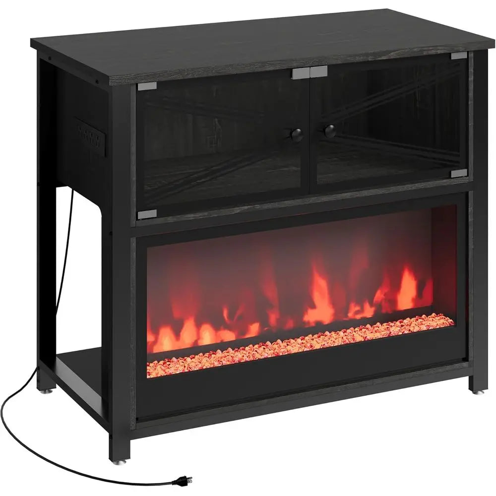 Modern Glass Doors Aquarium Stand With LED Flame Lights