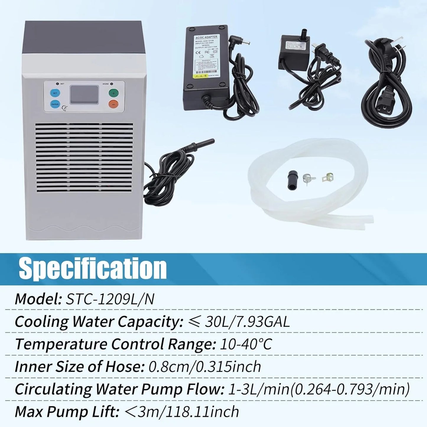 100W Aquarium Water Chiller, 30L Cooling Capacity for Fish Tanks with Digital Thermostat (10-40°C), Ultra Quiet 35dB Operation