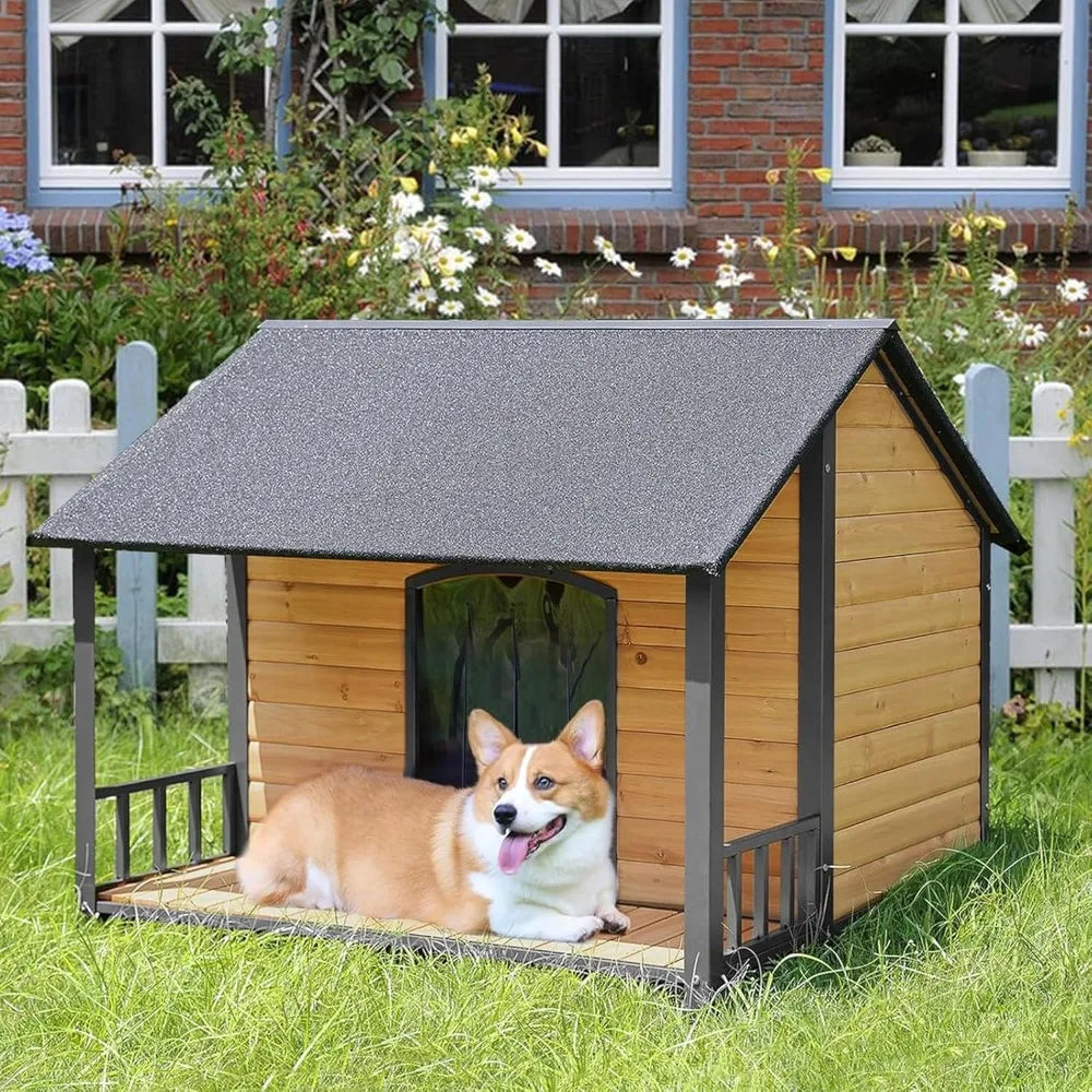 Large Dog House with Insulated Liner for Winter Outdoor Dog Cage with All-Around Iron Frame Dog Kennel for Small & Medium