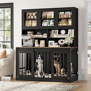 Dog Crate Furniture for Large Dogs for 2 Pets with Divider, Front&Sides 4 Doors Dog Kennel with Feeding Bowls, Indoor Cage/Side