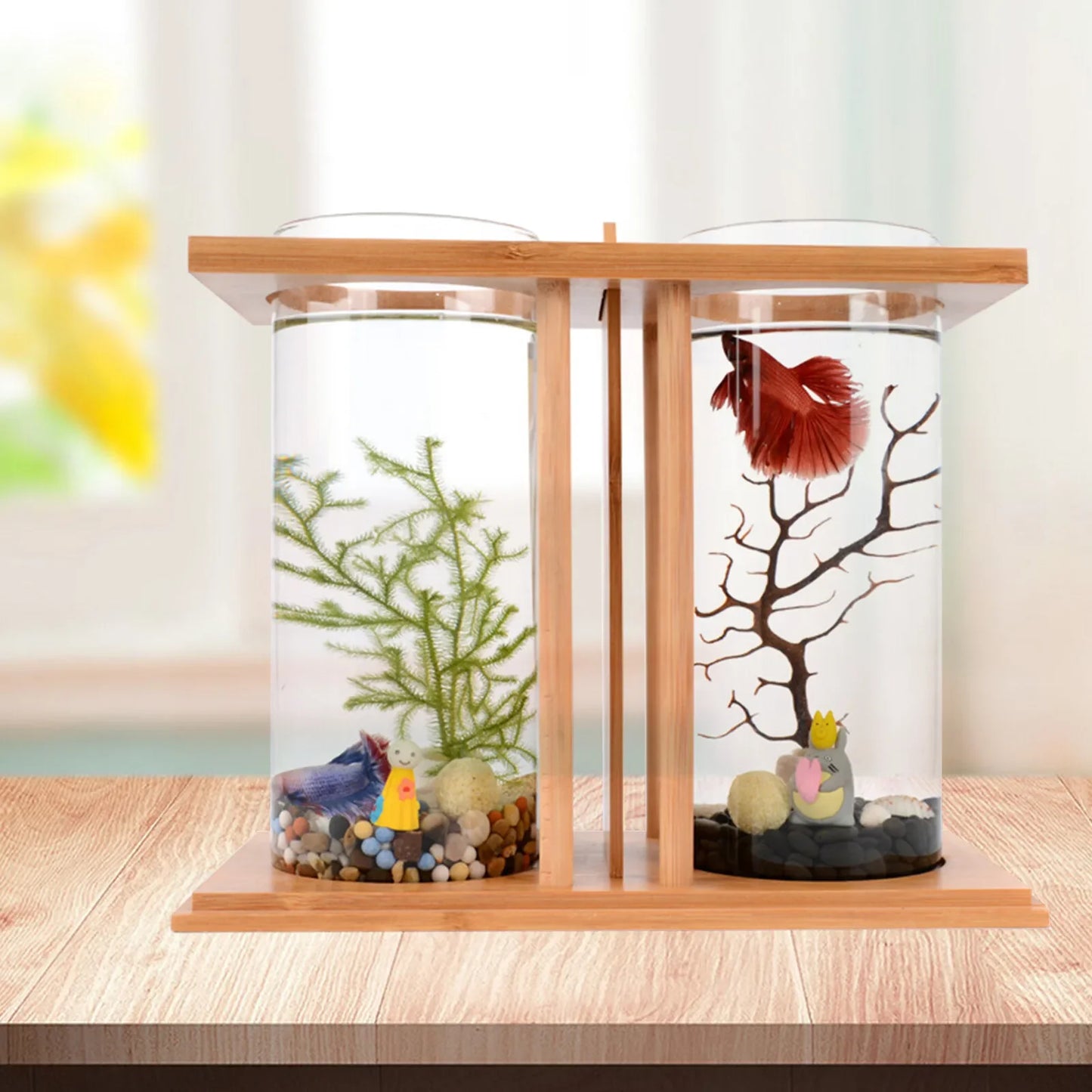 Bamboo Wood Ecological Fish Tank Dual Glass Desktop Mini Aquarium