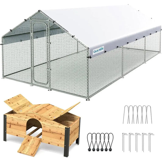 Metal Chicken Coop Run With Nesting Box And Weatherproof Roof
