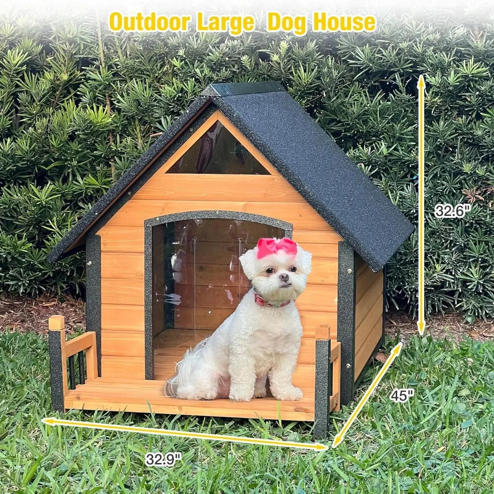 Dog House Outdoor Anti-Bite Metal Frame Design Wooden Dog Kennel Outside with Elevated Floor Weatherproof (Brown, 45 D