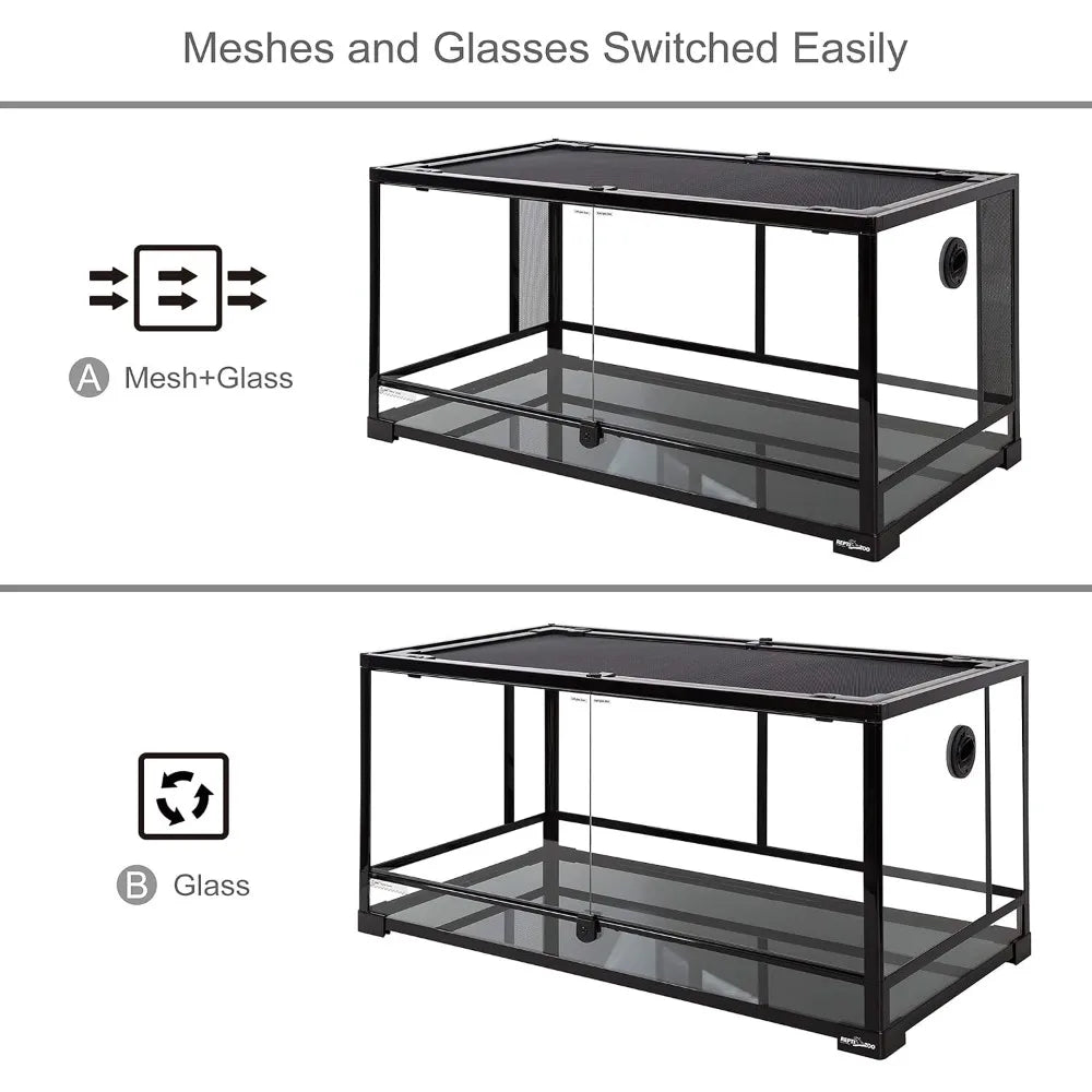 Reptile Glass Enclosure With Dual Mesh Sides And Hinged Door