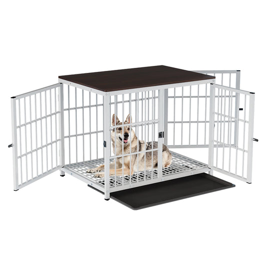 BINGOPAW Heavy Duty Metal Dog Kennel End Table With Three Doors Removable Tray