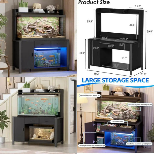 Reptile Tank Enclosure Stand With LED Lights Outlet Storage