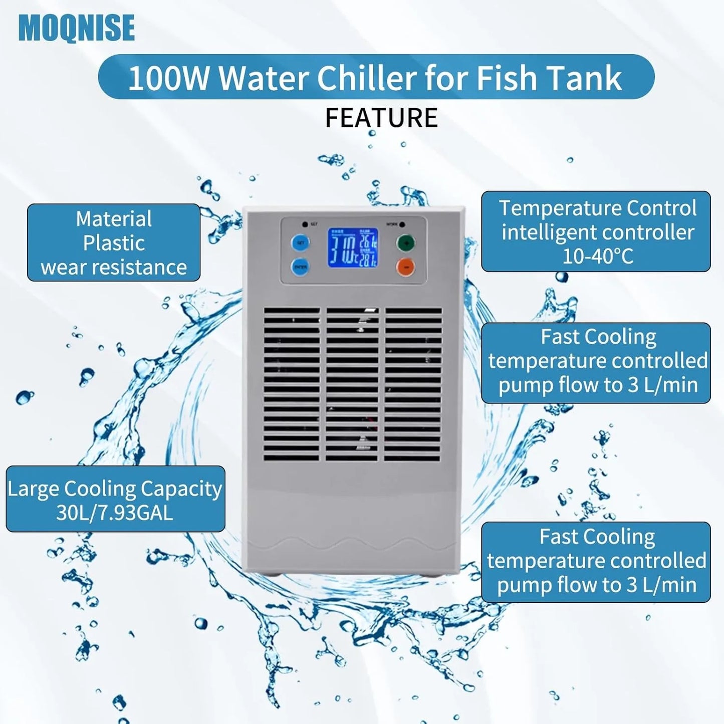 100W Aquarium Water Chiller, 30L Cooling Capacity for Fish Tanks with Digital Thermostat (10-40°C), Ultra Quiet 35dB Operation