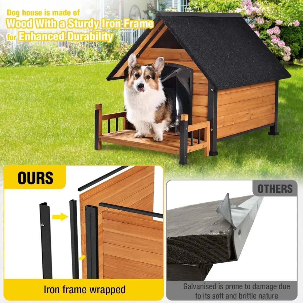 Dog House Outdoor Anti-Bite Metal Frame Design Wooden Dog Kennel Outside with Elevated Floor Weatherproof (Brown, 45 D