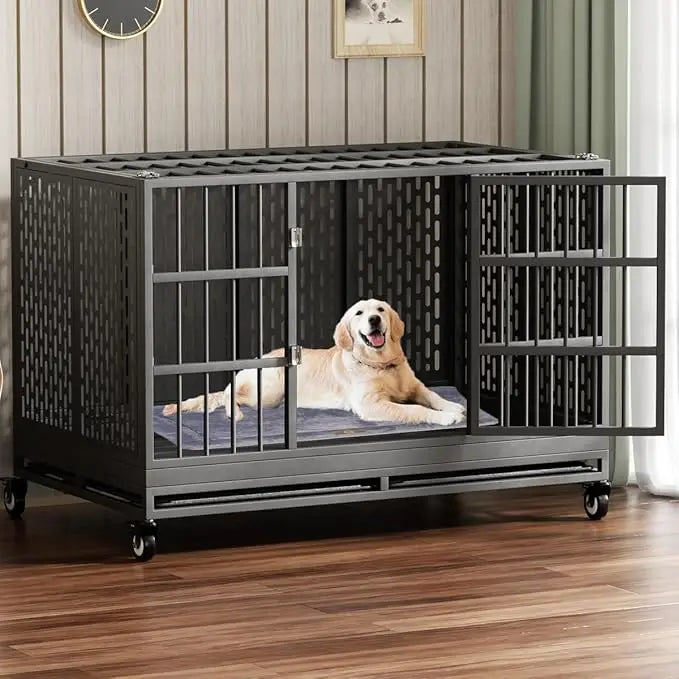 Heavy Duty Folding Metal Dog Crate With Wheels For Large Dogs