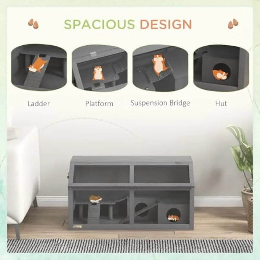 Wooden Hamster Cage Habitat With Suspension Bridge Ladders Openable Top