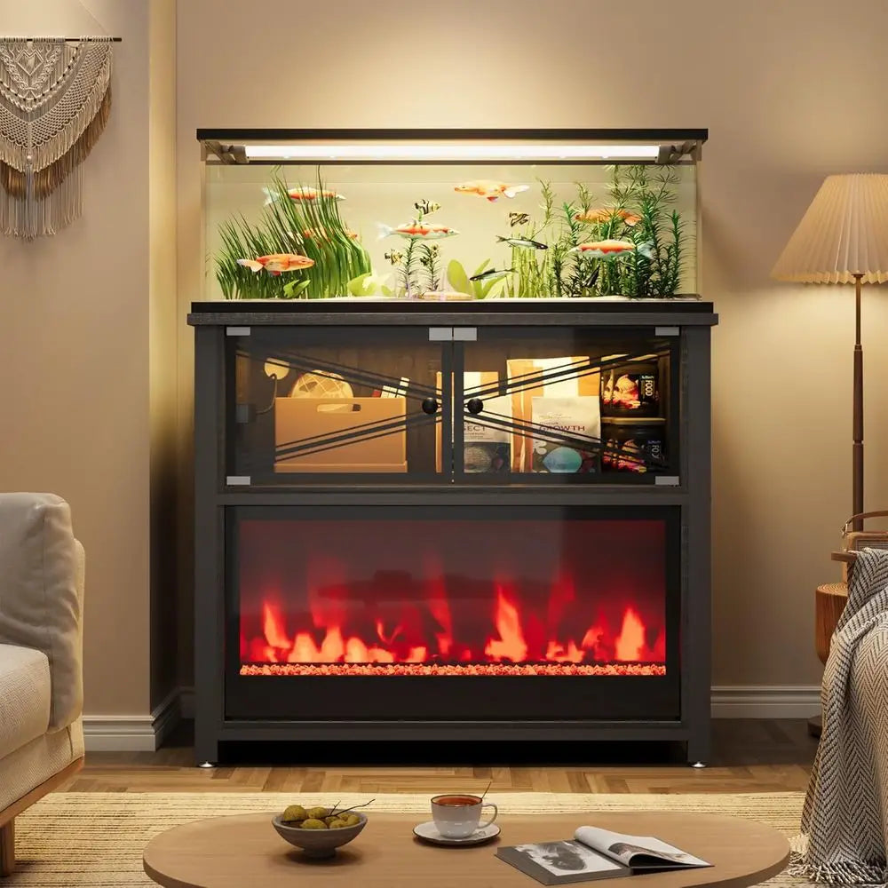 Modern Glass Doors Aquarium Stand With LED Flame Lights