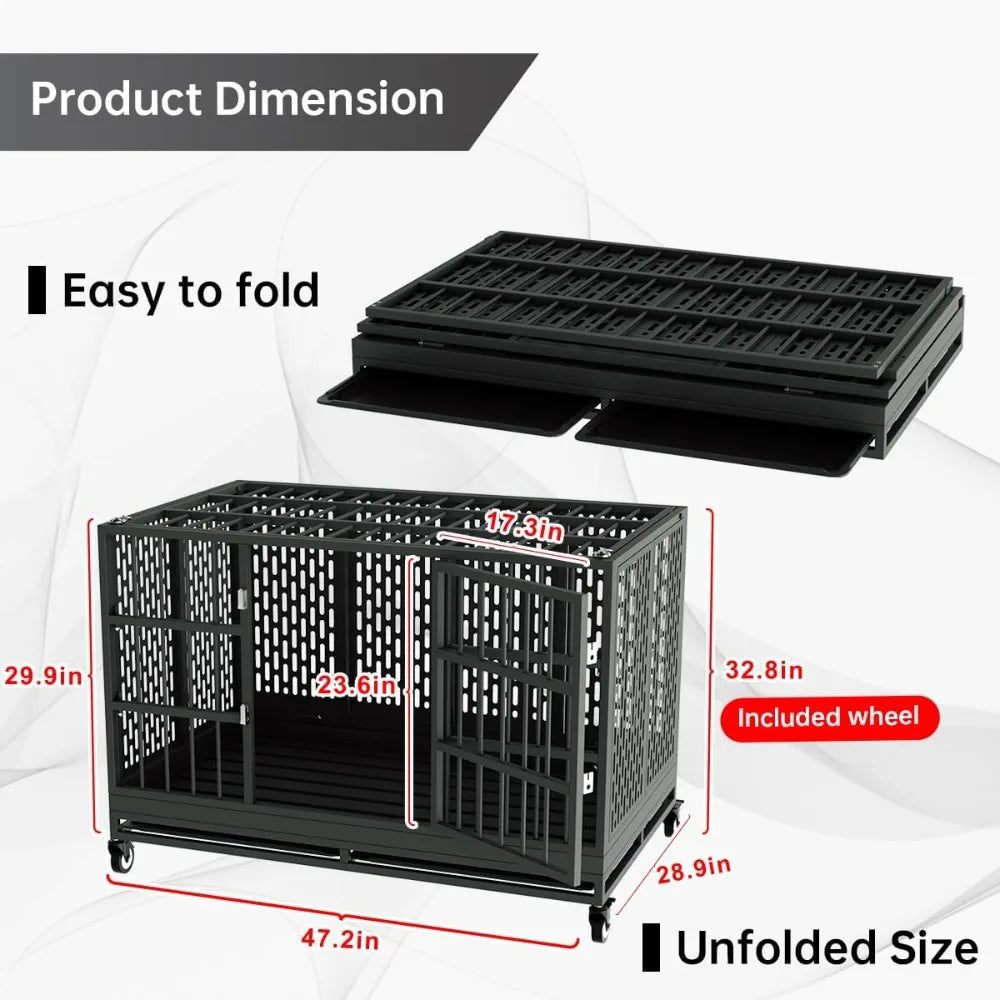 Heavy Duty Folding Metal Dog Crate With Wheels For Large Dogs