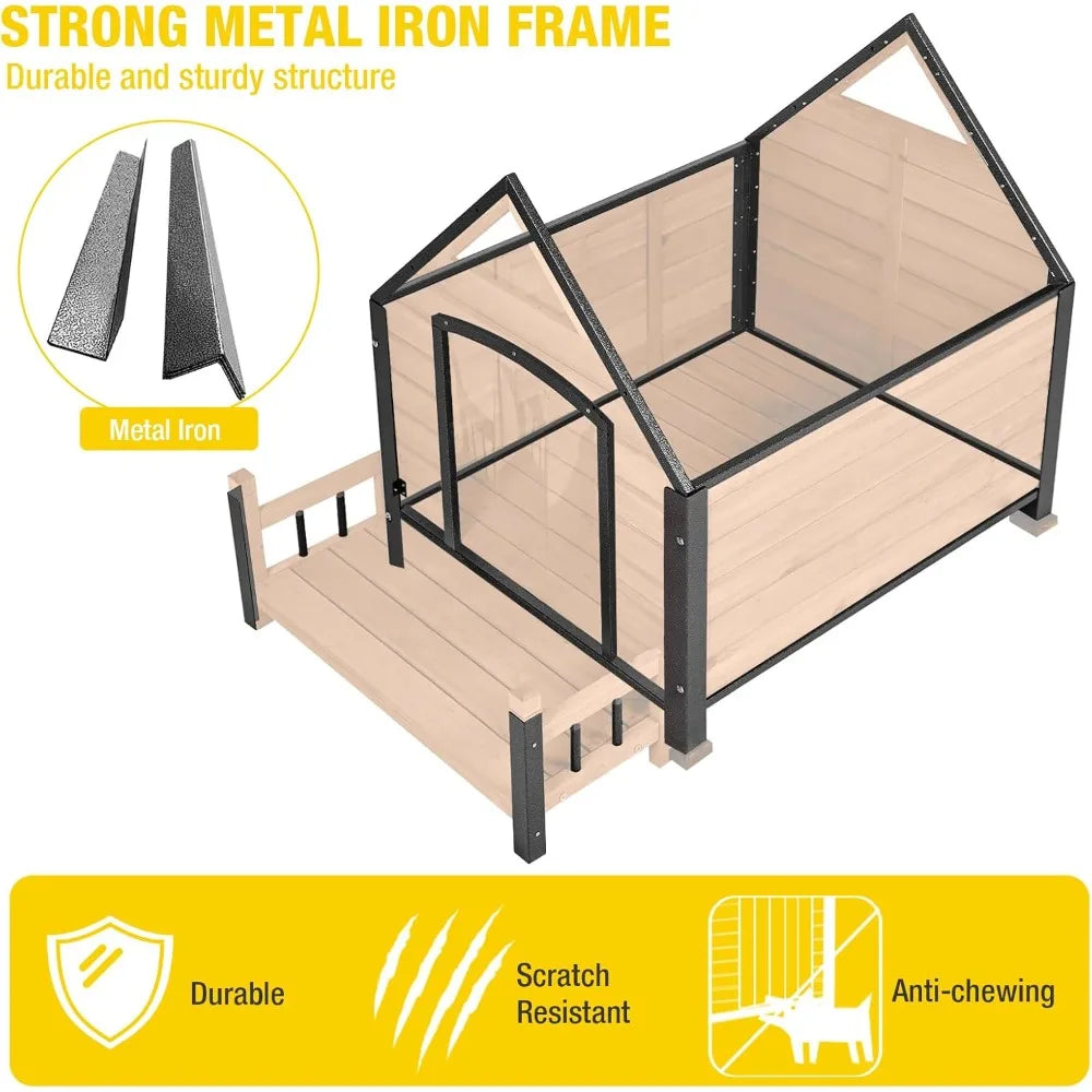 Dog House Outdoor Anti-Bite Metal Frame Design Wooden Dog Kennel Outside with Elevated Floor Weatherproof (Brown, 45 D