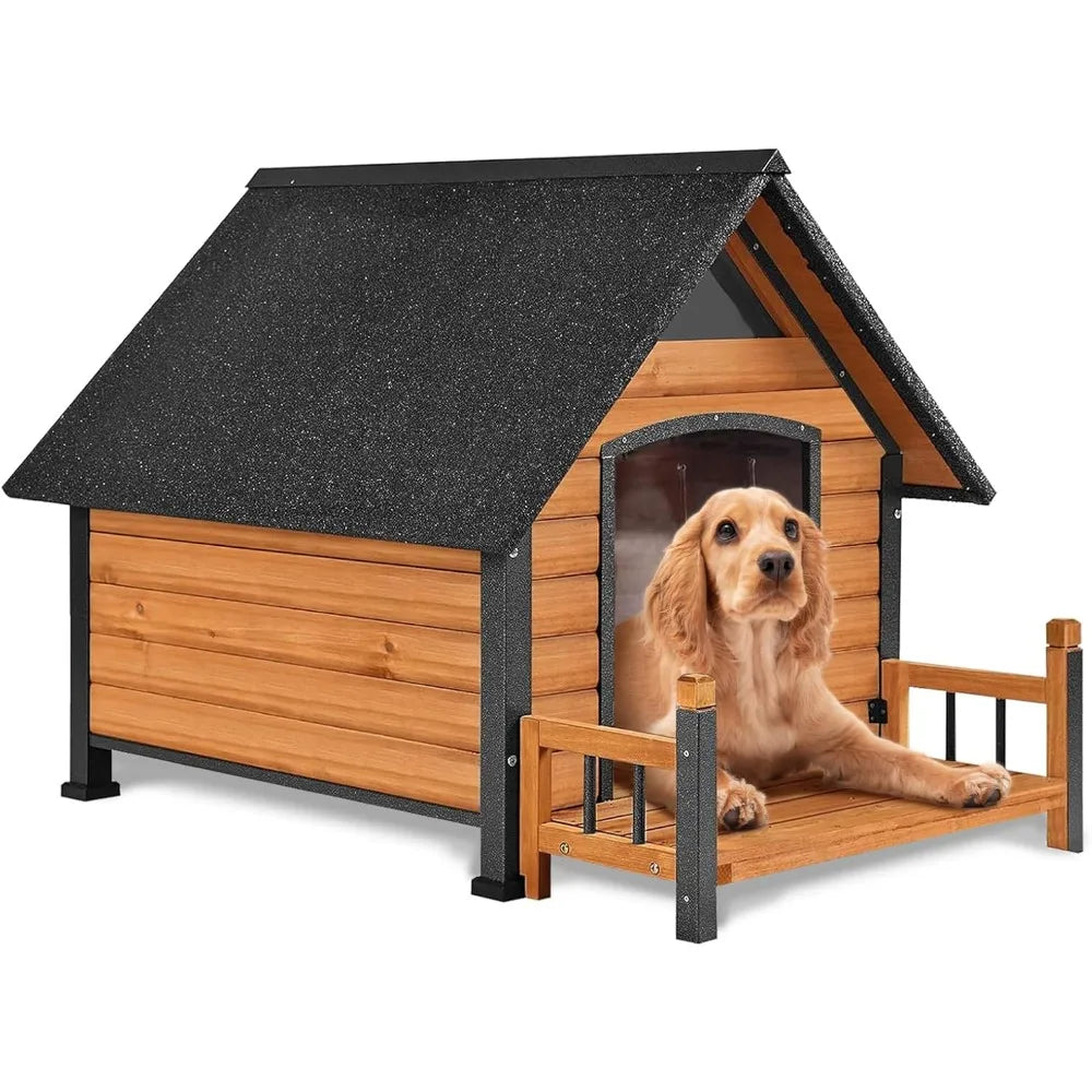 Dog House Outdoor Anti-Bite Metal Frame Design Wooden Dog Kennel Outside with Elevated Floor Weatherproof (Brown, 45 D