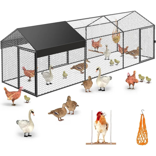 XMSJ Metal Chicken Coop Run For 8 To 12 Chickens With Cover