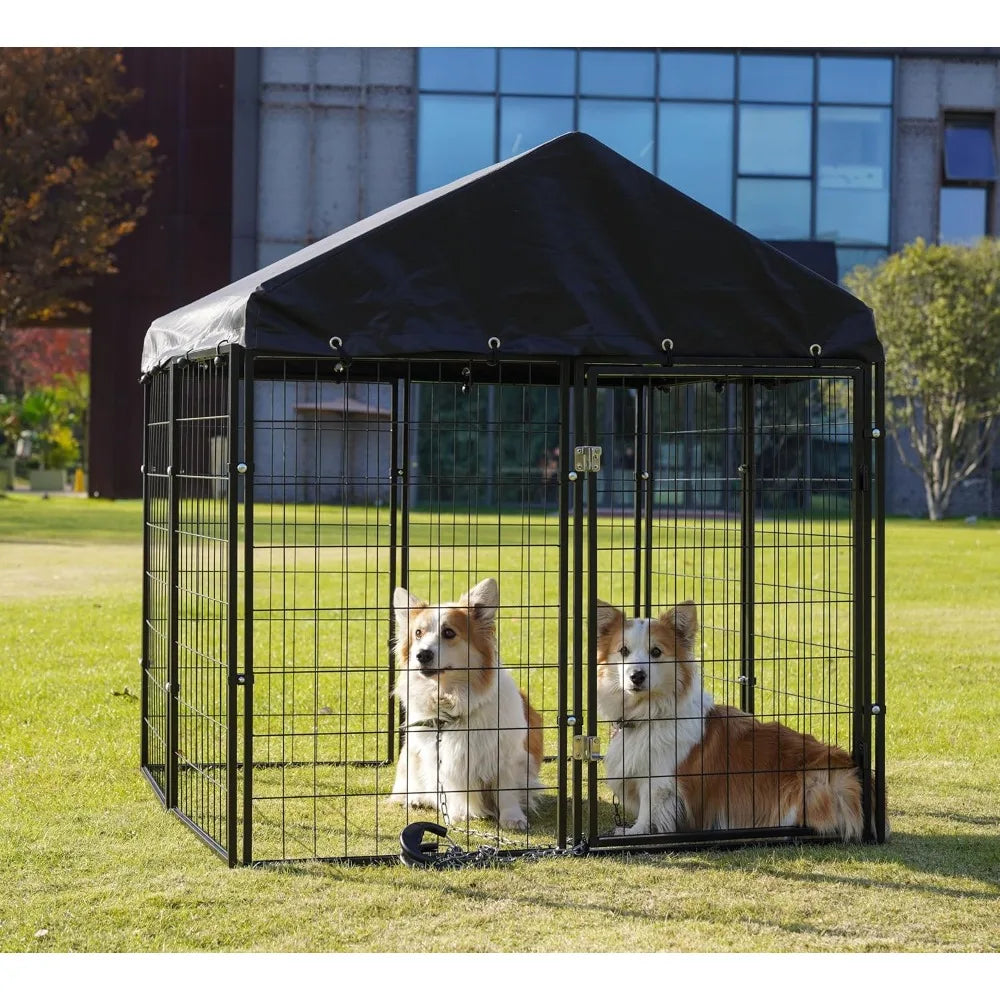 Large Outdoor Dog Enclosure, Heavy Duty Dog Cage with Roof, Galvanized Steel Dog Kennel Fence with Double Safety Locks (50x48x54