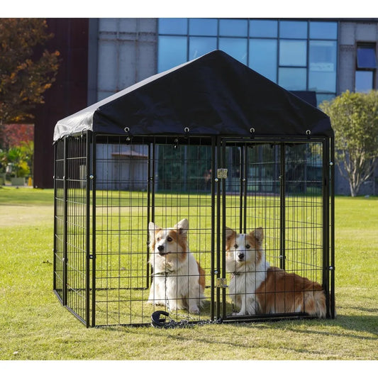 Large Outdoor Dog Enclosure, Heavy Duty Dog Cage with Roof, Galvanized Steel Dog Kennel Fence with Double Safety Locks (50x48x54