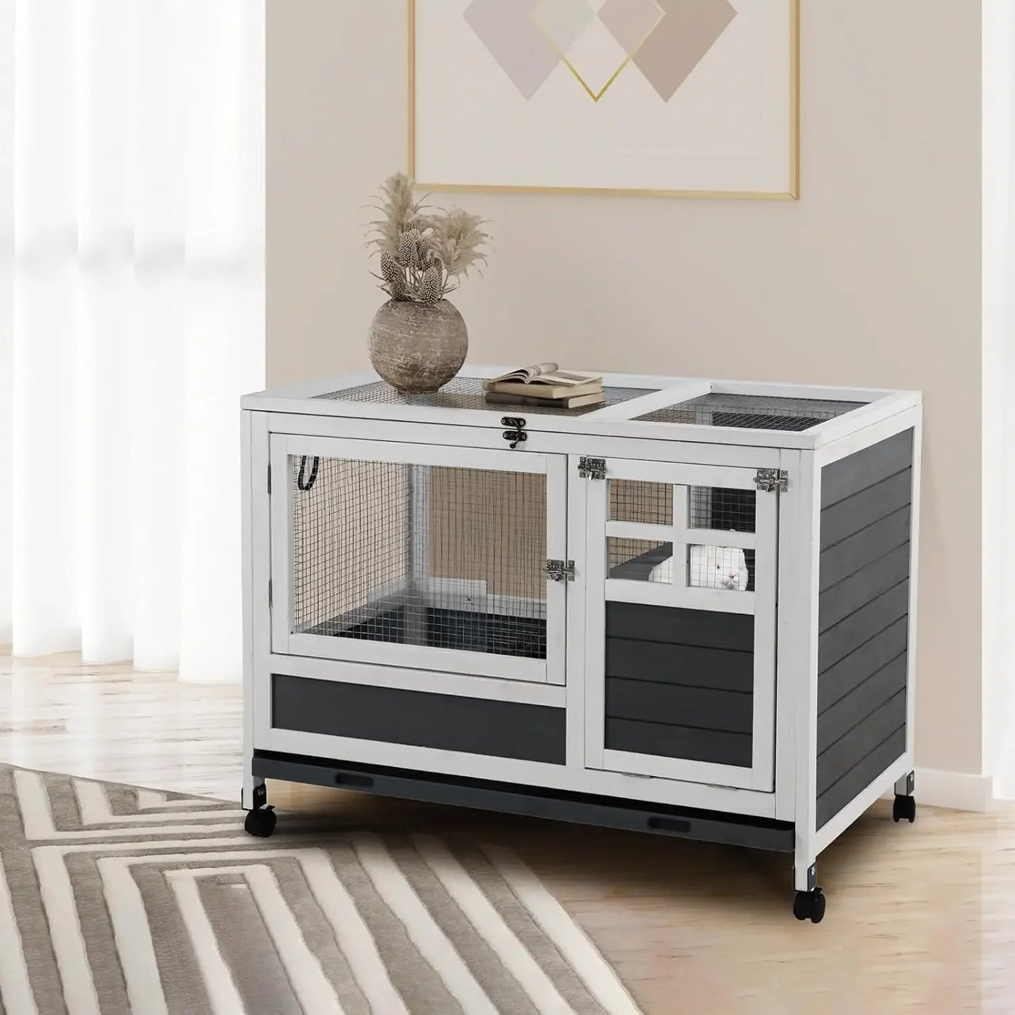 XMSJ Rabbit Hutch Leak Proof Cage With Urine Guards Wheels Tray