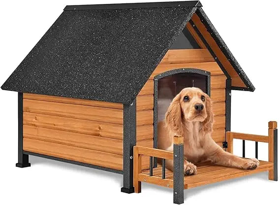 Dog House Outdoor Anti-Bite Metal Frame Design Wooden Dog Kennel Outside with Elevated Floor Weatherproof (Brown, 45 D