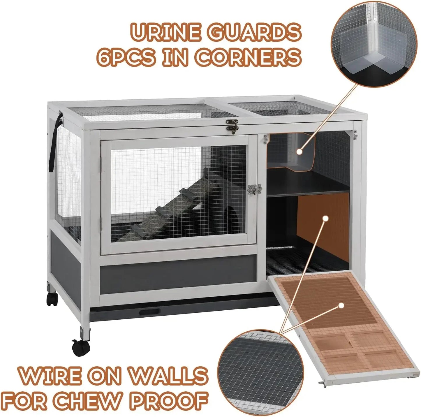 XMSJ Rabbit Hutch Leak Proof Cage With Urine Guards Wheels Tray