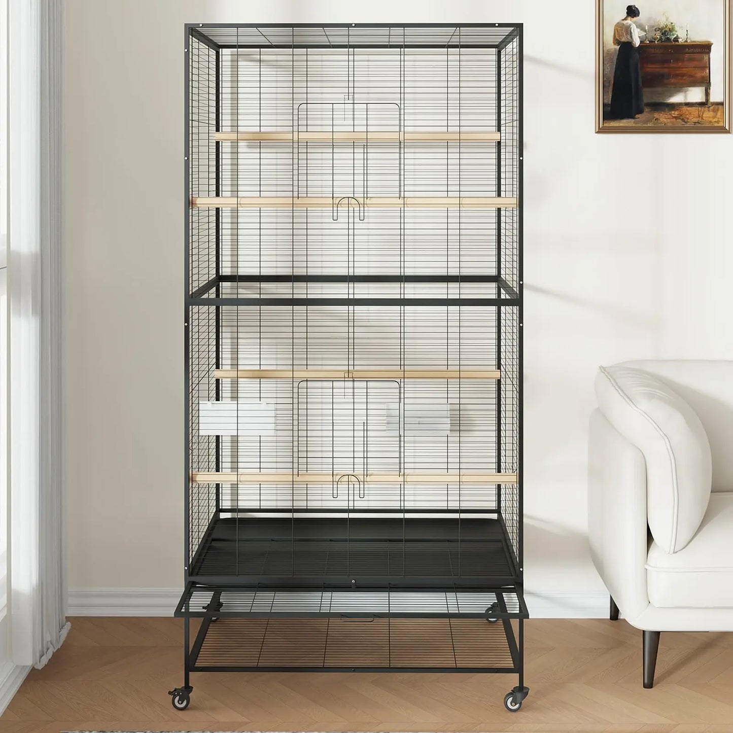 61" Large Bird Cage, Metal Fight Cage with Play Top, Rolling Stands, Feed Bowls, Wide Tall Parrot Cage for Parakeets, Conures, C