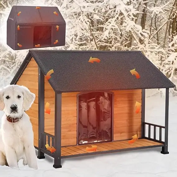 Large Dog House with Insulated Liner for Winter Outdoor Dog Cage with All-Around Iron Frame Dog Kennel for Small & Medium