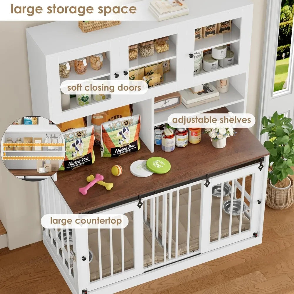 Dog Crate Furniture for Large Dogs for 2 Pets with Divider, Front&Sides 4 Doors Dog Kennel with Feeding Bowls, Indoor Cage/Side