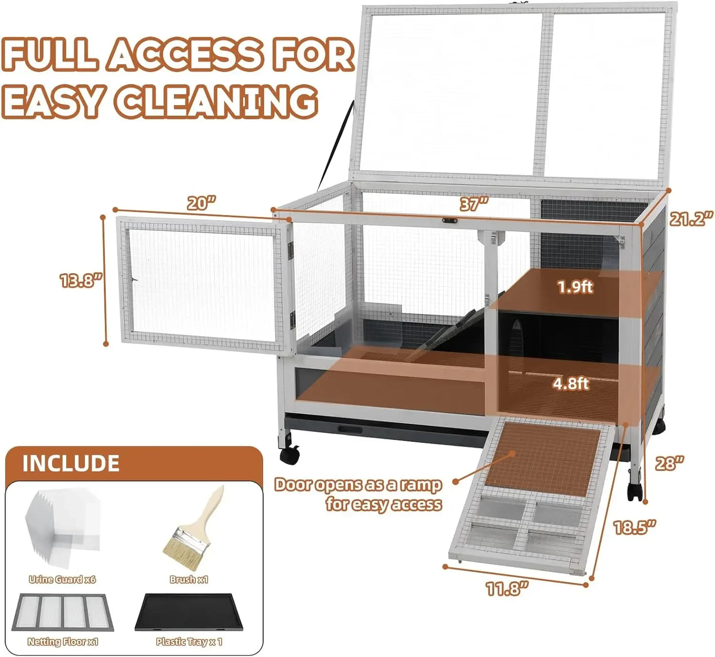 XMSJ Rabbit Hutch Leak Proof Cage With Urine Guards Wheels Tray