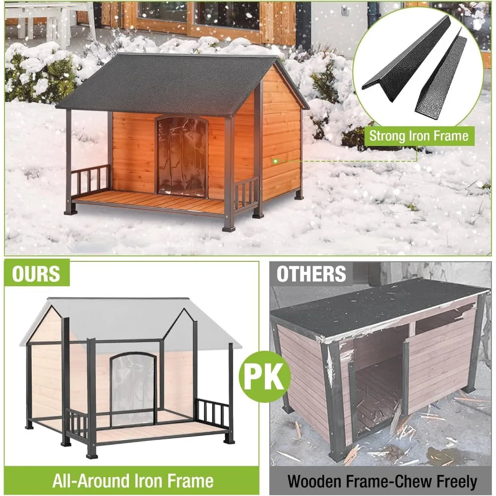 Large Dog House with Insulated Liner for Winter Outdoor Dog Cage with All-Around Iron Frame Dog Kennel for Small & Medium