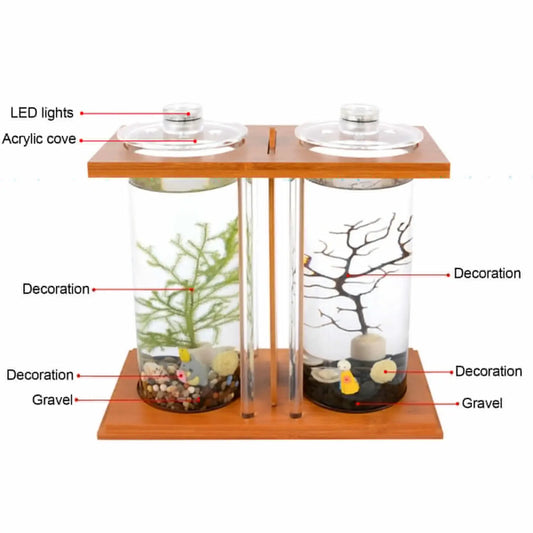 Bamboo Wood Ecological Fish Tank Dual Glass Desktop Mini Aquarium