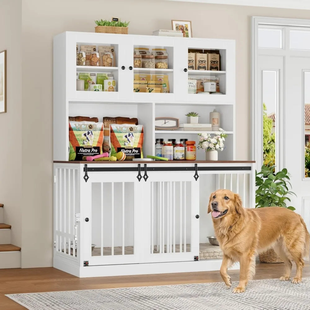 Dog Crate Furniture for Large Dogs for 2 Pets with Divider, Front&Sides 4 Doors Dog Kennel with Feeding Bowls, Indoor Cage/Side