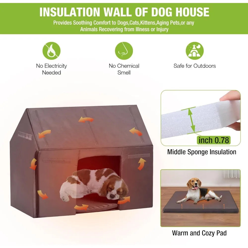 Large Dog House with Insulated Liner for Winter Outdoor Dog Cage with All-Around Iron Frame Dog Kennel for Small & Medium