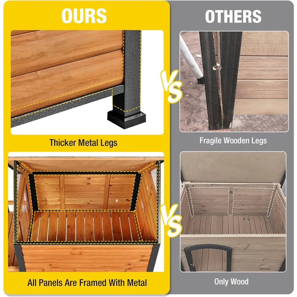 Dog House Outdoor Anti-Bite Metal Frame Design Wooden Dog Kennel Outside with Elevated Floor Weatherproof (Brown, 45 D