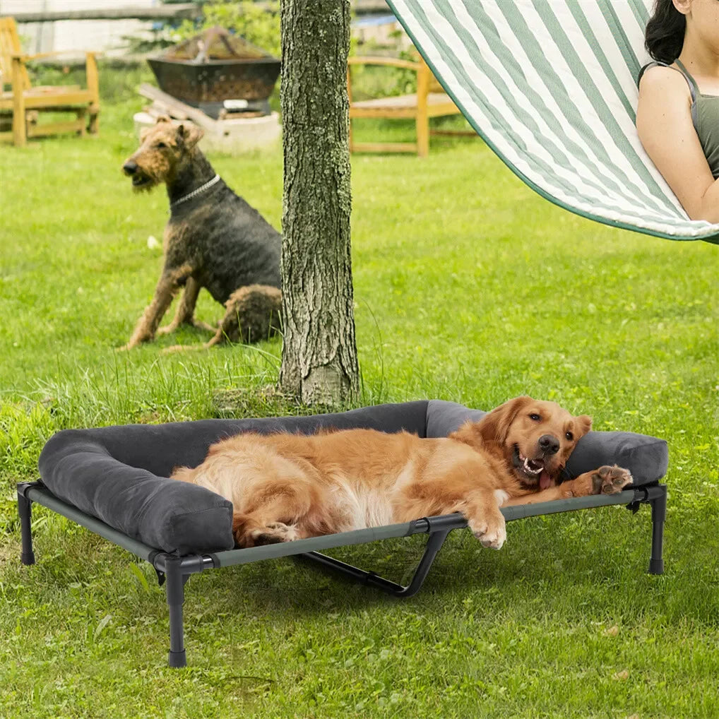 BINGOPAW Outdoor Elevated Dog Bed Cooling Raised Pet Lounger Bed Mesh Cot Sleep Camping Bed with Detachable Plush Bolster