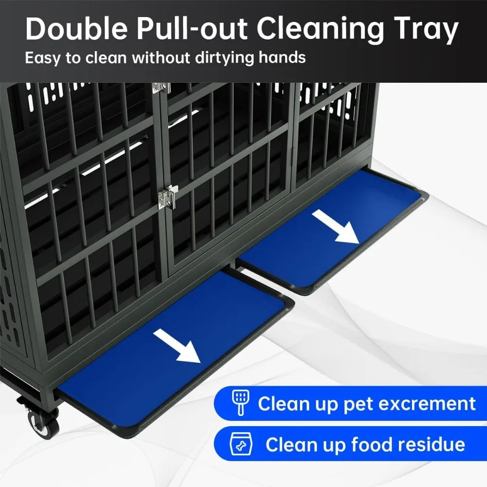 Heavy Duty Folding Metal Dog Crate With Wheels For Large Dogs