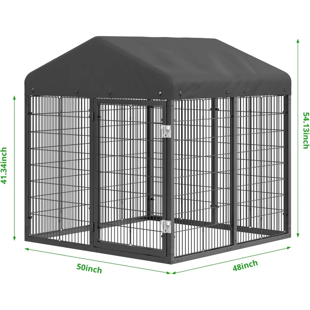 Large Outdoor Dog Enclosure, Heavy Duty Dog Cage with Roof, Galvanized Steel Dog Kennel Fence with Double Safety Locks (50x48x54