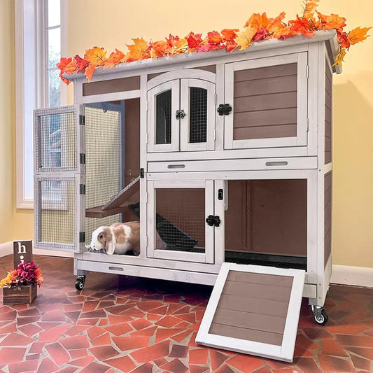 High-Concerned Wooden Indoor Rabbit Hutch With Sliding Trays And Ramp