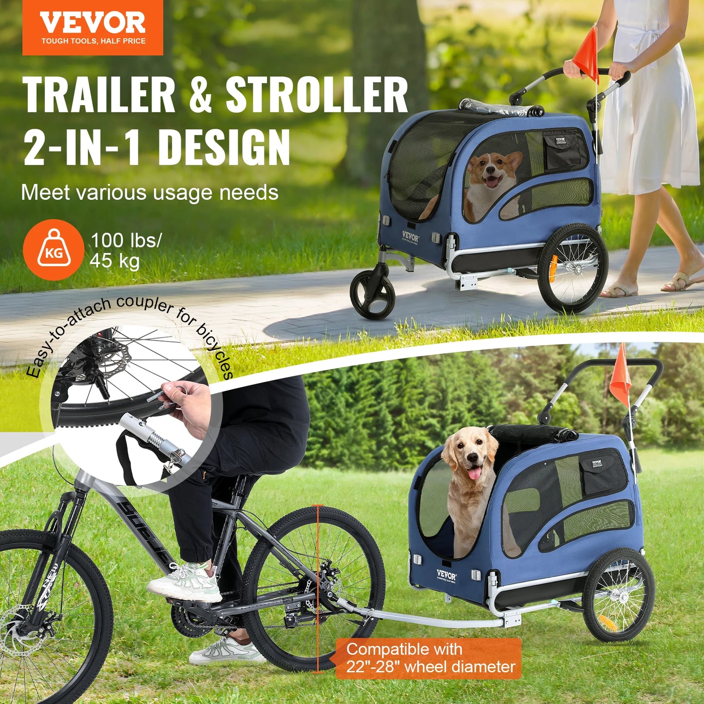 SucceBuy 2-In-1 Dog Bike Trailer Stroller Carrier For Travel With Wheels